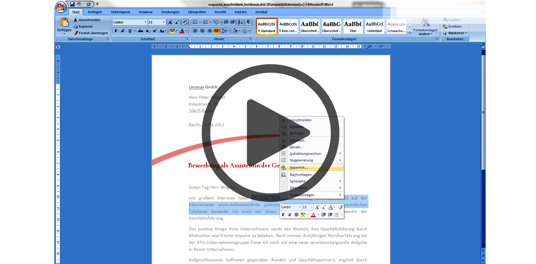 Bewerbungsschreiben Ausbildung