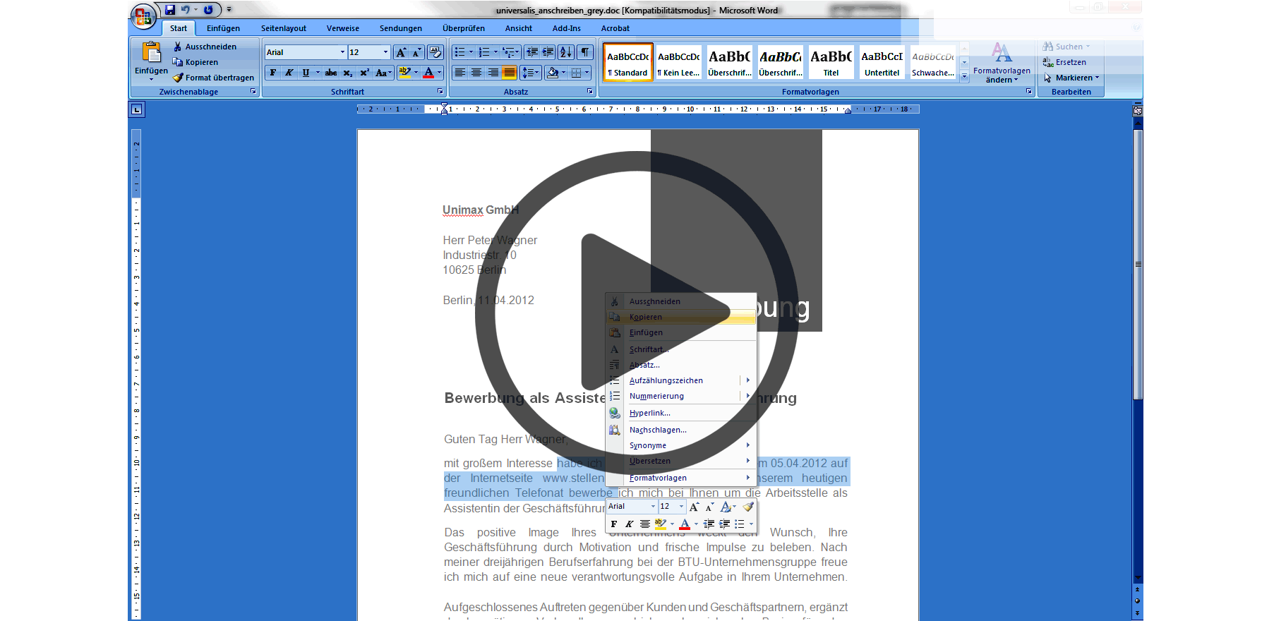 Bewerbungsschreiben Vorlage