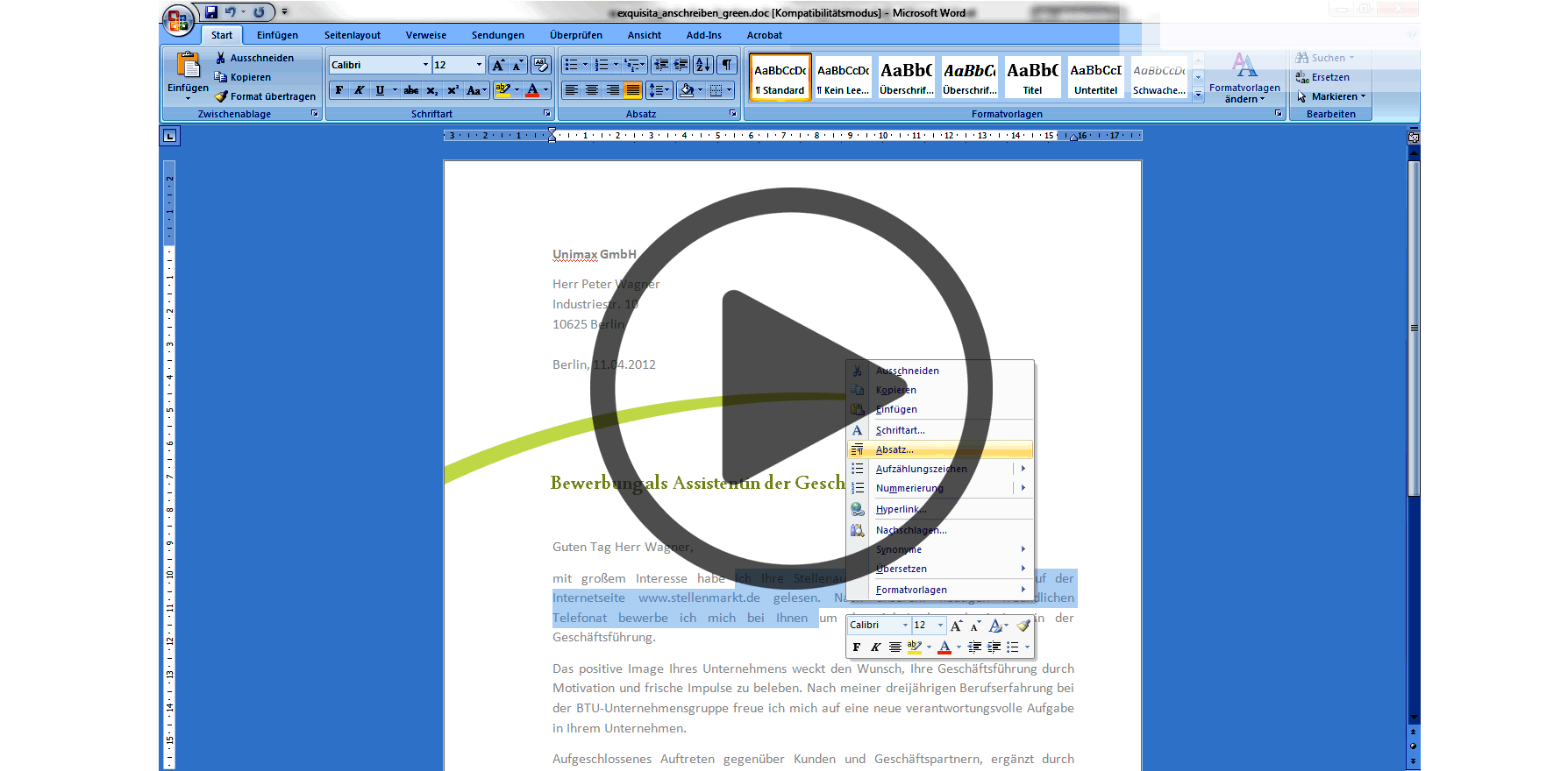 Kurzbewerbung Vorlage