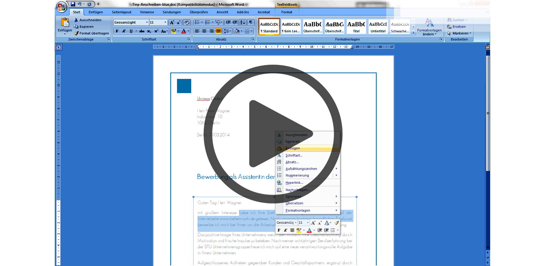 Musteranschreiben Bewerbung Praktikum