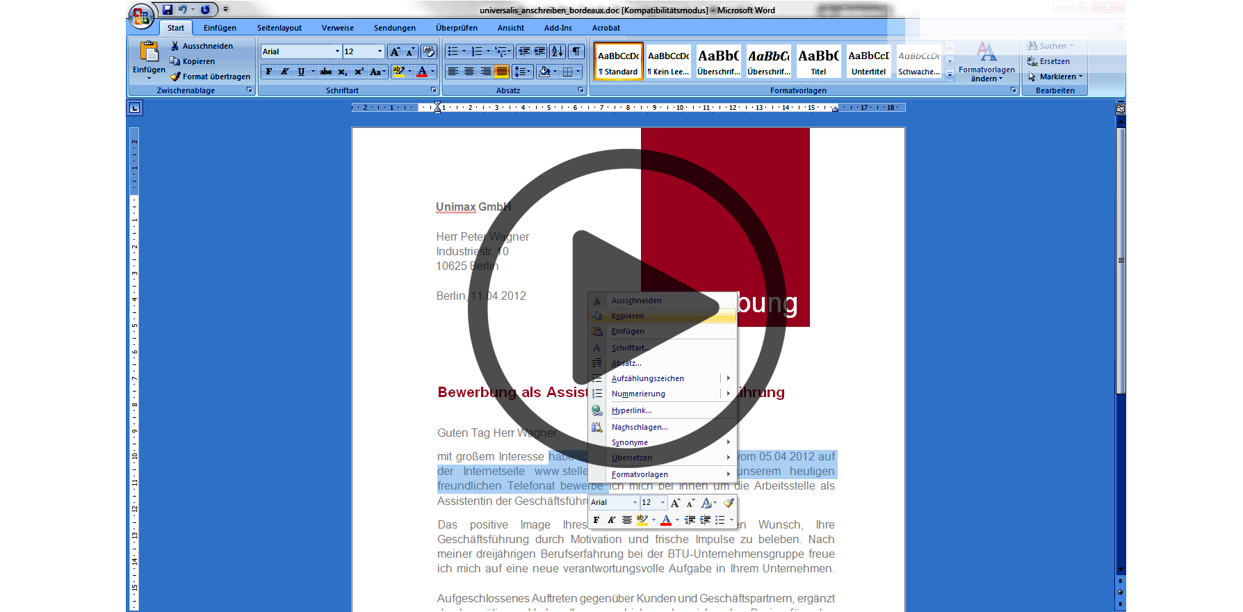 Praktikumsbewerbung Muster Studenten